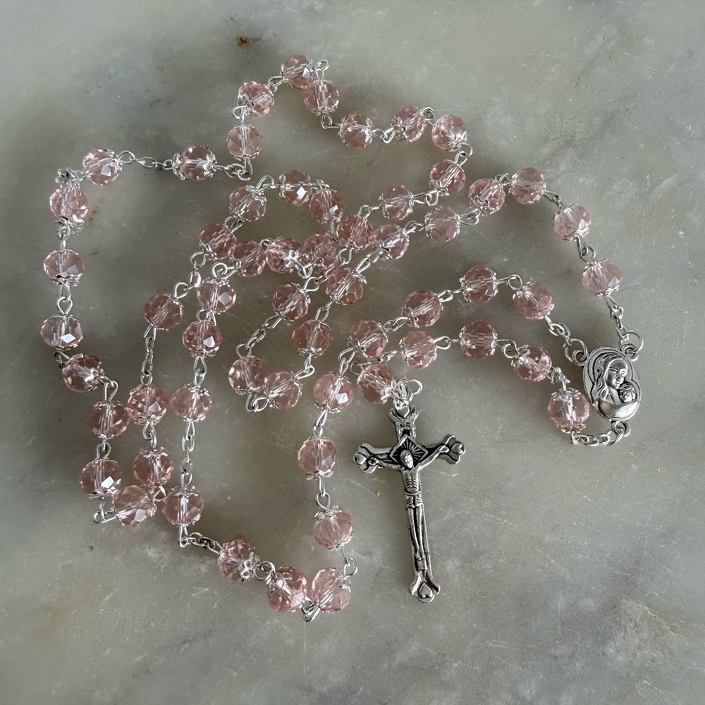 Elegant Silver and Pink Crystal Rosary Necklace